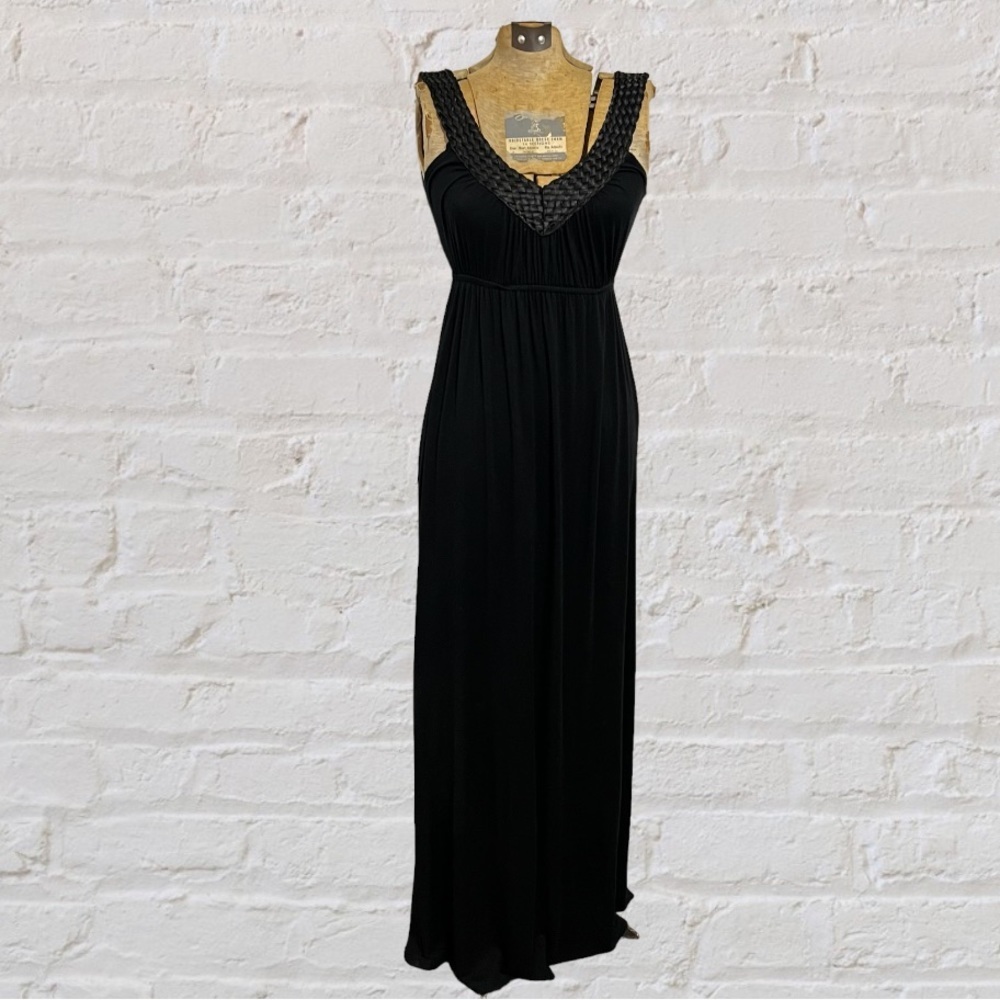 Soprano Black Knit Sleeveless Braided Straps V-Neck Empire Waist Long Dress